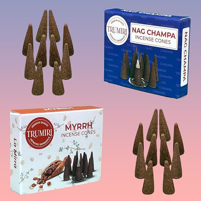 TRUMIRI Incense Cones - Combo Pack of 20 Cone Incense - 10 Myrrh + 10 Nag Champa - Insence Cones - Incense Cones Scented - Cone Incense Scents - Insense Cones - Incent Cone TRUMIRI