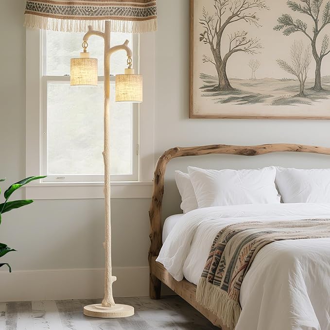 Floor Lamp for Living Room - 69" Rustic Farmhouse Tree Trunk Tall Lamp - Country Resin Vintage Reading Light with Linen Shade Standing Lamps for Bedroom Office Classroom Home Decor (Almond White) - Bloomnest