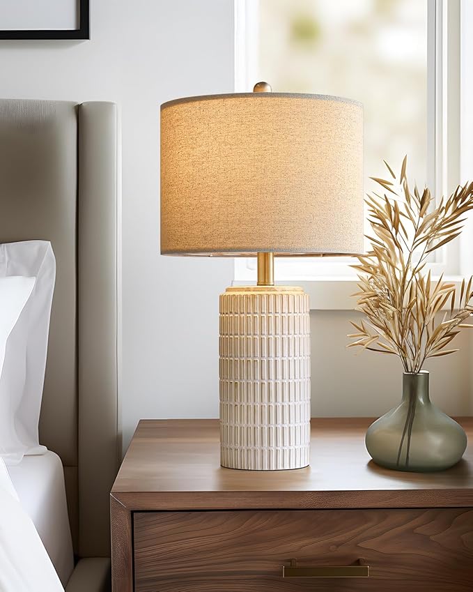 PoKat 23'' Bedside Table Lamp for Bedroom Nightstands, Ceramic Lamp for Living Room, White Night Stand Light with Round Linen Shade, Modern, Silver - Bloomnest