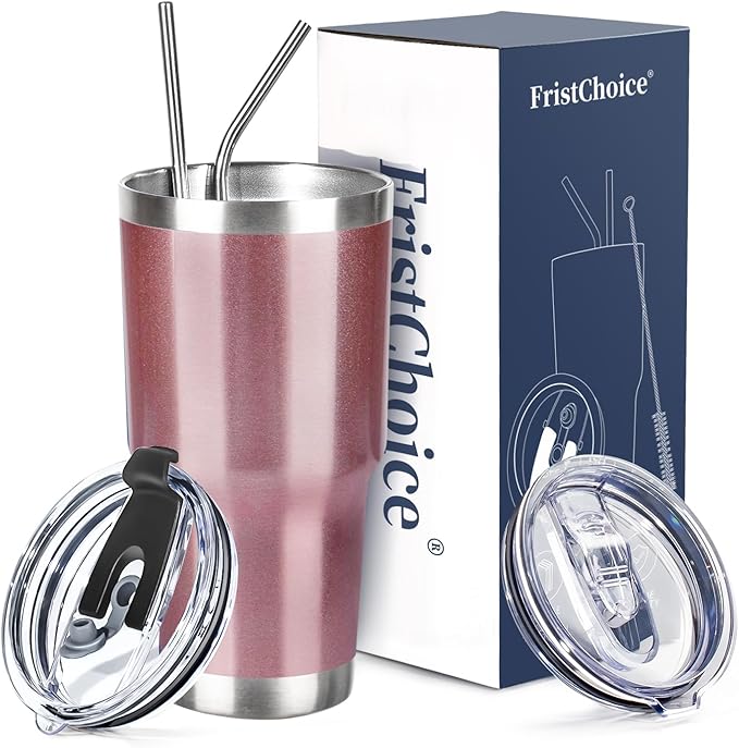 30 oz Tumbler with Lids and Straws Double Wall Vacuum Insulated Tumbler Cup,Stainless Steel Leak-proof Thermal Tumbler Travel Coffee Mug for Cold and Hot Drinks,Rose Gold - Bloomnest