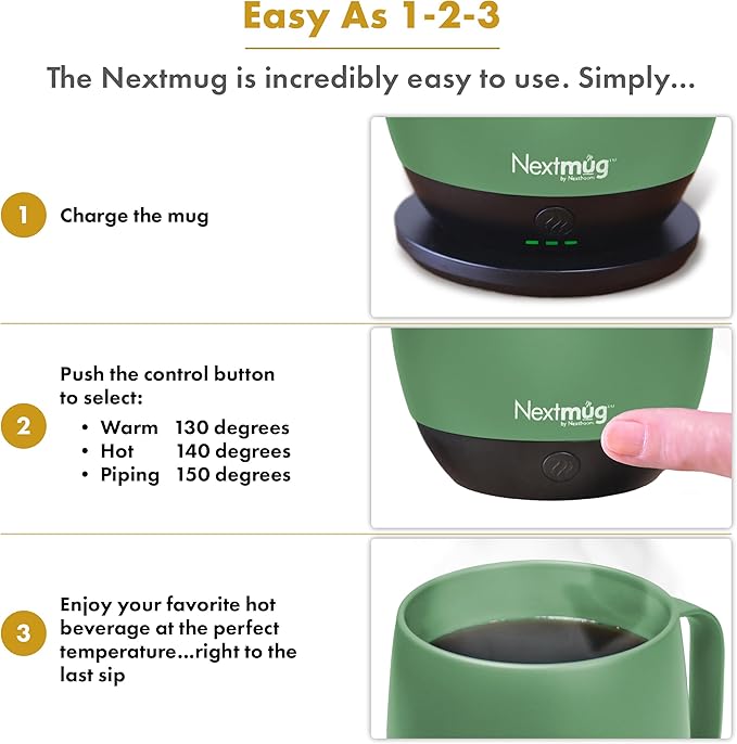 Nextmug - Temperature-Controlled, Self-Heating Coffee Mug (Sage - 14 oz.) - Bloomnest