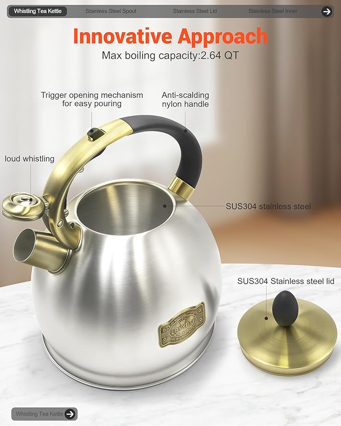 Stove top Whistling Tea Kettle Food Grade Stainless Steel Teapot of 5-layer base for Camping & Kitchen(Brushed, 2.64 Qt) - Bloomnest