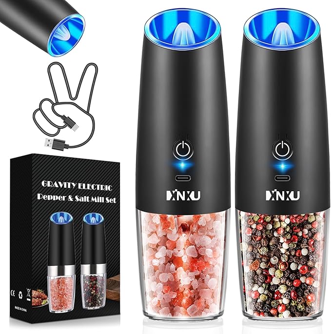 XinXu Gravity Electric Pepper and Salt Grinder Set, Adjustable Coarseness, with LED Light, One Hand Automatic Operation (Rechargeable Set/Black X) - Bloomnest