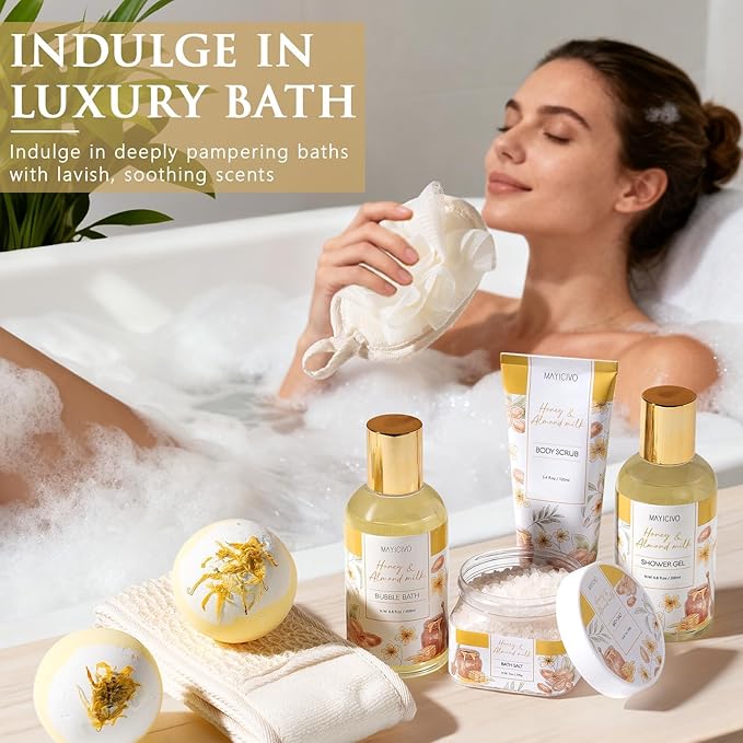Birthday Gifts for Women, Honey & Almond Milk Relaxing Spa Gift Baskets for Women Self Care Package Bath Gift Set, Home Bath and Body Kit Pamper Valentines Day Gifts for Her Womens Mom Friends Sister - Bloomnest