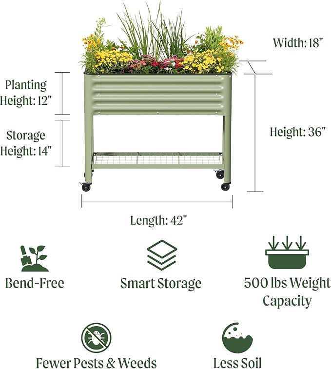 Rolling Elevated Raised Garden Bed - Slim Series, 1.5' x 3.5' Outdoor Planters Boxes with Legs & Storage Rack for Patio, 500 Lbs Weight Capacity, Raised Beds for Gardening Herbs Flowers, Pearl White - Bloomnest