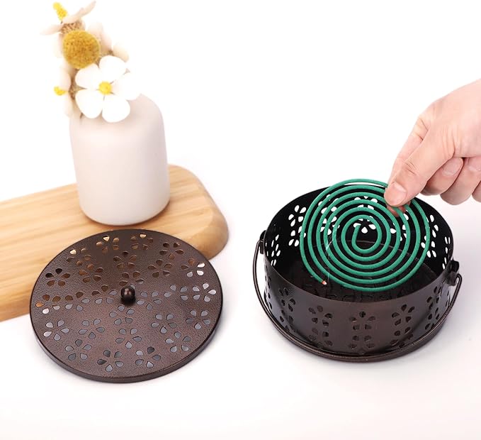 Portable Mosquito Coil Holder with Handle Round Heat-Resistant Iron Incense Coil Holder (Bronze) - Bloomnest
