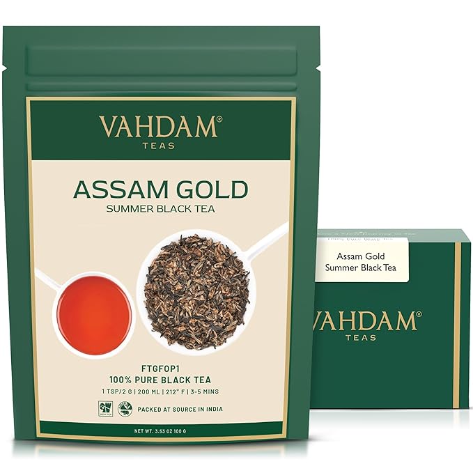 VAHDAM, Second Flush ASSAM GOLD (50 Cups) | 100% PURE UNBLENDED Black Tea Loose Leaf | Black Tea Leaves with GOLDEN TIPS | Brew as Hot or Iced Tea | 3.53oz - Bloomnest