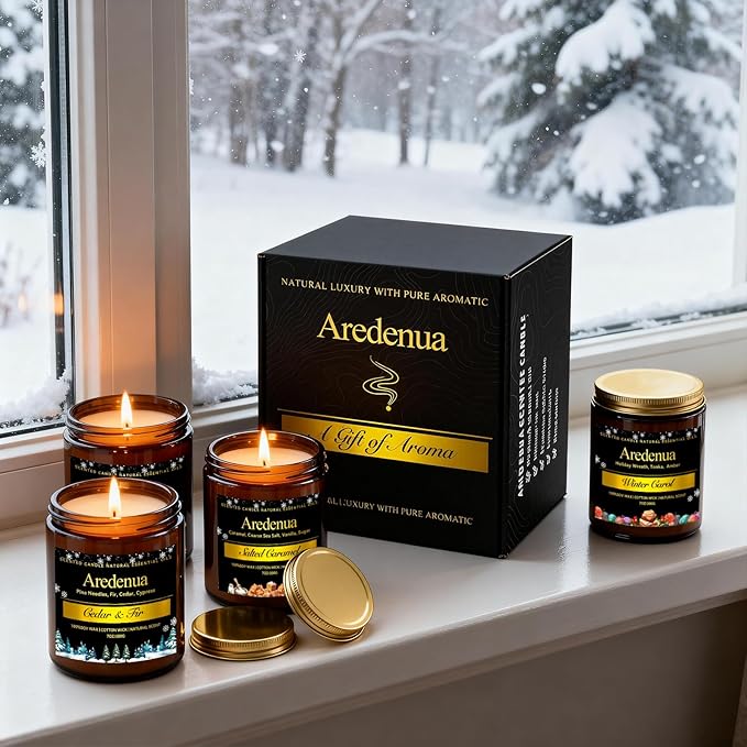 Winter Candles Set | 4 Pack Holiday Scented Candles - Cozy Winter Soy Candle Scents of Warm Cashmere/Firewood/Cedar & Fir/Salted Caramel - Christmas Candle Gifts for Women Men, Holiday Home Décor - Bloomnest