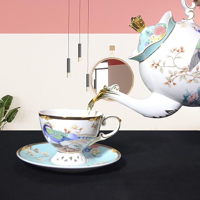 ACMLIFE Fine Bone China Tea Set with Teapot, Porcelain Tea Sets for Adults, 21-Piece Vintage Tea Set for 6, 24K Gold Blue English Floral British Bone China Tea Sets for Women Tea Party for Gifts - Bloomnest