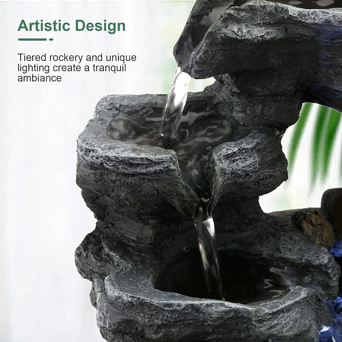 Indoor Fountain - Elegant Resin Design with Natural Rock-Like Texture for Home Office Decor Relaxation, Desktop Fountain with Soothing LED Light, 9.06''x6.89''x10.24'' Indoor Waterfall Feature