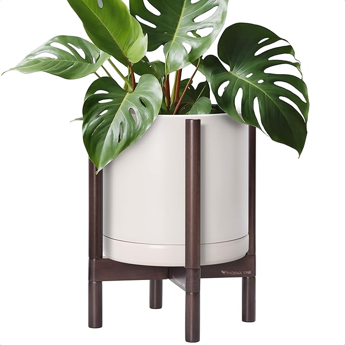 D'vine Dev Ceramic Planter with Walnut Color Stand - 12 Inch Modern Round Flower Pot with Wood Planter Holder, Oatmeal, 55-B-W-8 - Bloomnest