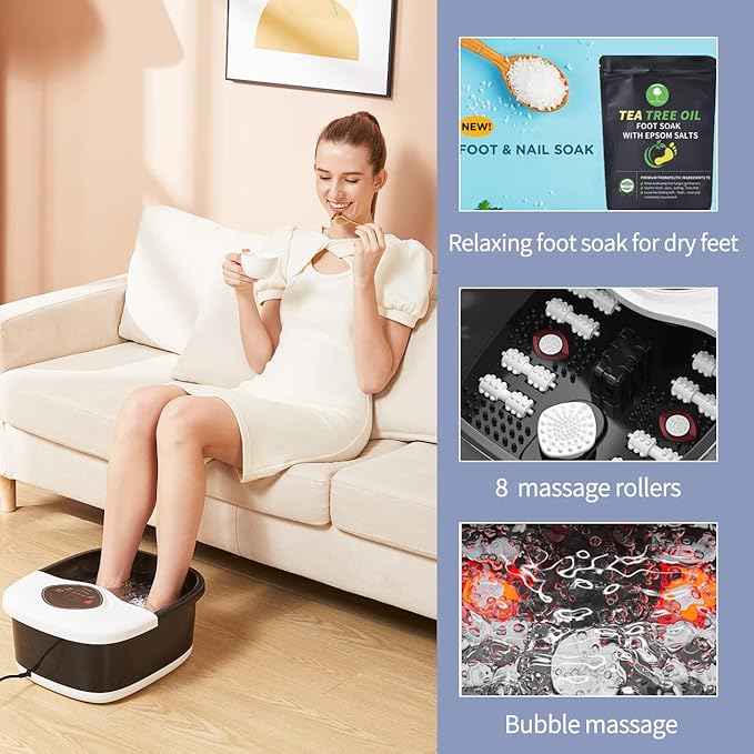 Foot Spa,Foot Bath Massager with Tea Tree Oil Foot Soak with Epsom Salt - with Heat, Bubbles and Vibration,Red Light,Medicine Box Digital Temperature Control 8 Acupressure Massage Points - Bloomnest