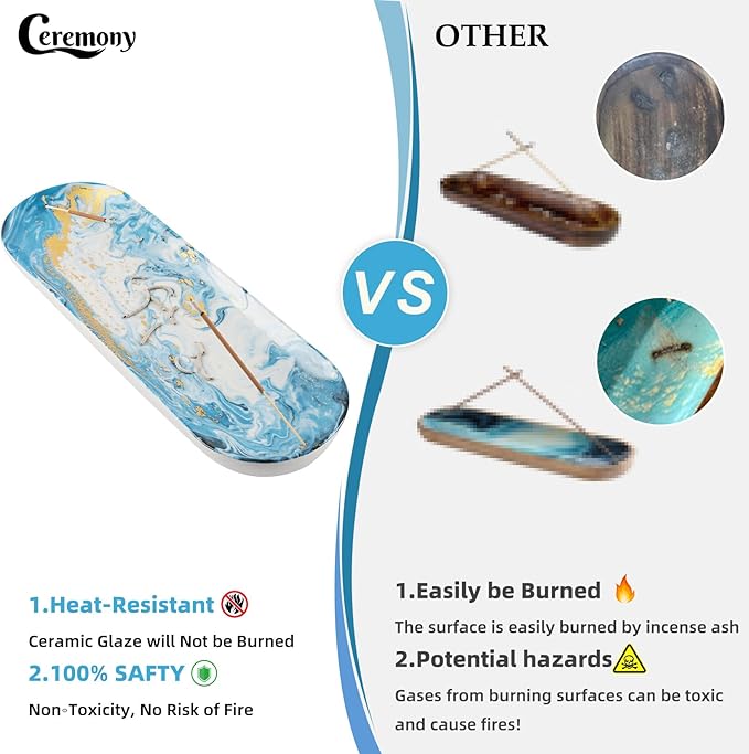 CEREMONY Incense Holder for Sticks, Ceramic Incense Burner with 60 Incense Sticks for Sage Palo Santo, Heat-Resistant Insence-Stick Holder for Backflow Incense Cones Meditation Yoga Spa Room Decor