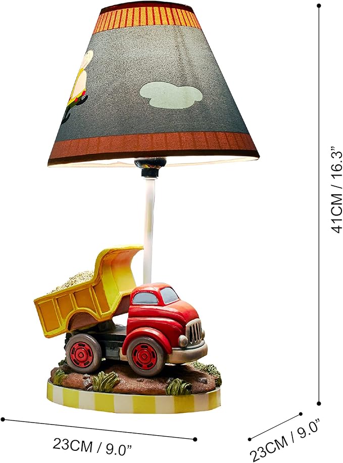 Fantasy Fields Kids Small Table Lamp, Truck Lamp, Car Lamp for Boys Room with Construction Truck Base & Helicopter Printed Shade, Transportation Themed - Bloomnest