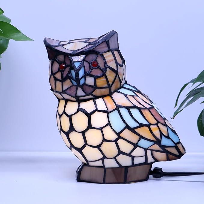 Tiffany Owl Lamp Yellow and White Stained Glass Animal Table Lamp Accent Lamp - Bloomnest