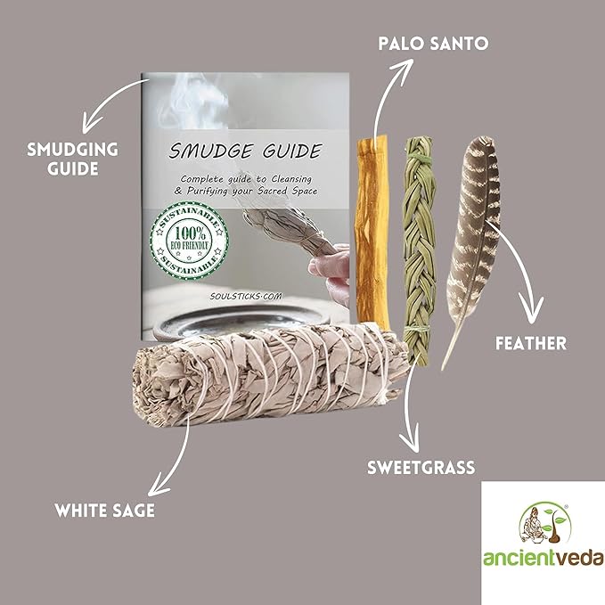 Ancient VEDA Organic Smudge Kit – California White Sage, Palo Santo, Sweetgrass Braid, Feather & Smudge Guide | Home Cleansing Kit for Meditation, Yoga, Energy Healing & Gift (Starter Kit, White Sage)