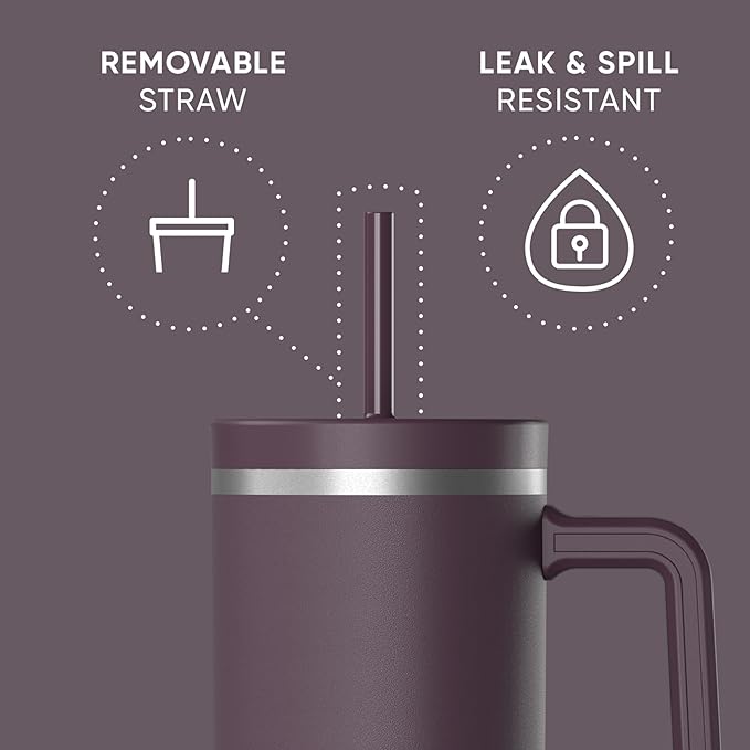 Hydrapeak Voyager 40 Oz Stainless Steel Tumbler with Handle, Insulated Water Bottle With Straw & Lid, Cupholder Friendly Reusable Travel Mug (Midnight Plum) - Bloomnest