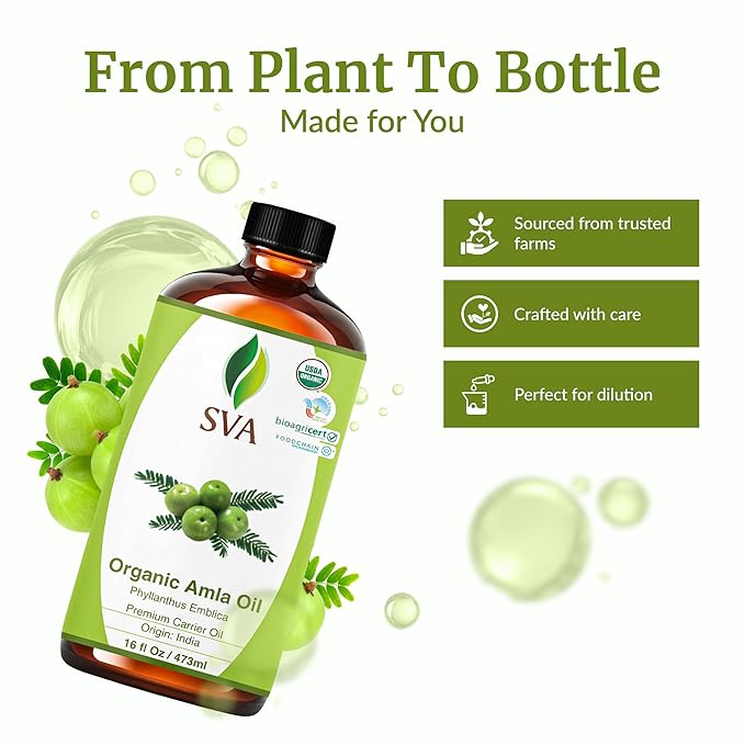 SVA Amla Oil Organic - 16 Fl Oz – 100% Natural Cold Pressed Organic Amla - for Face, Skin Care, Hair Care, Scalp Massage & Body Massage – Carrier Oil - Bloomnest