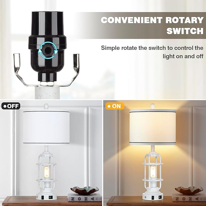 Farmhouse Lamps Set of 2, White Vintage Rustic Industrial Lamps with USB A+C Charging Ports & AC Outlet, 3 Way Dimmable Touch Control Table Lamp with LED Night Light for Living Room Bedrooms Office - Bloomnest