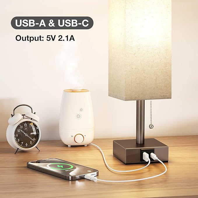 aooshine Beige Small Table Lamp for Bedroom - 3 Color Temperature 3000K 5000K 4000K Bedside Lamp, Pull Chain Control, USB A and C Ports, Brown Base, Bulb Included - Bloomnest
