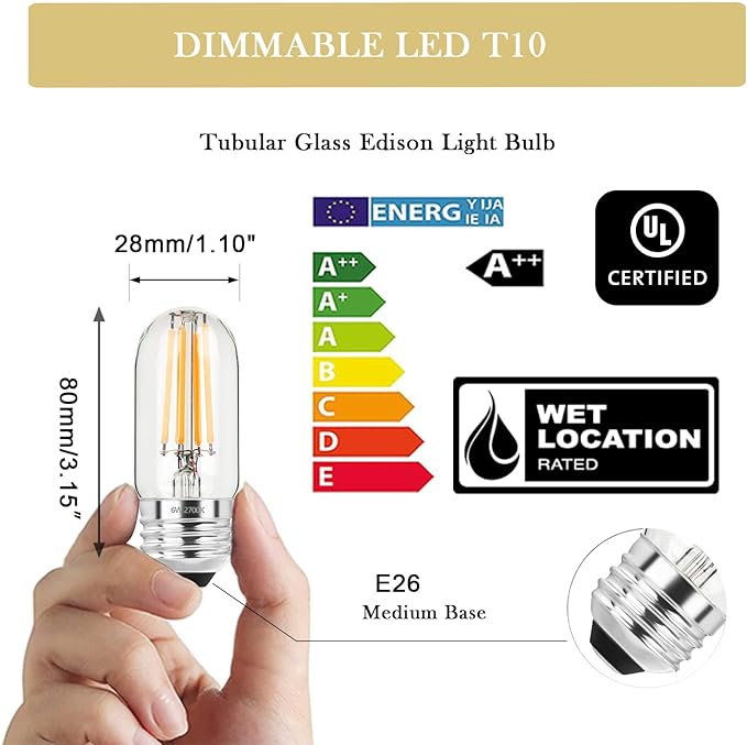3.2 Inch 2700K Soft White E26 LED Bulb 60 Watt Equal, AC 120V 600LM Edison Bulbs Dimmable, 6W T10 T30 Tubular Filament Light Bulbs Clear Glass for Fan Pendant Wall Light, UL Listed-6 Pack - Bloomnest