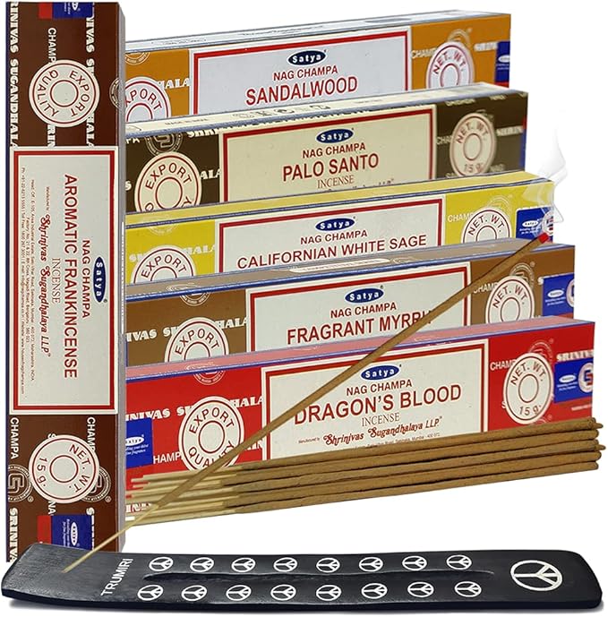 Satya Incense Sticks Variety Pack #10 and Holder Bundle with 6 Classic Fragrances Sandalwood Dragon's Blood Palo Santo White Sage TRUMIRI