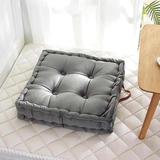 Floor Cushion Pillow, 16.5" Square Floor Cushion Seating for Adults Velvet Thick Meditation Cushion with Handles Decorative Floor Pillow for Yoga Living Room Bedroom Tatami, Grey - Bloomnest