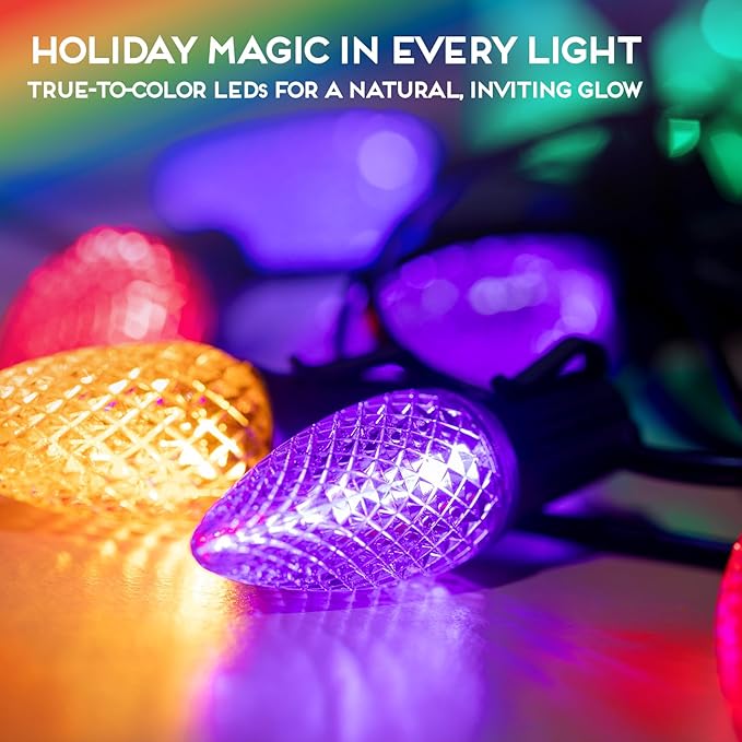HLO Lighting C9 LED Christmas Lights, Faceted C9 Christmas Light Bulbs for Indoor & Outdoor Décor 25, Multi (R, G, B, Y, P) - Bloomnest