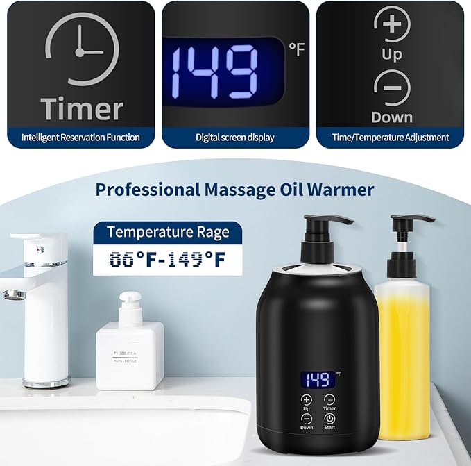 Massage Oil Warmer with Gua Sha Roller Set, Yofuly Professional Oil Warmer for Massage with Two Dispenser Bottles, Portable Electric Temperature Control Lotion Digital Heater for Spa, Black - Bloomnest