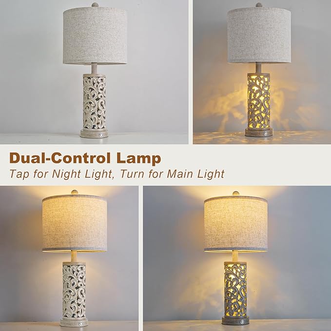22" Farmhouse Table Lamp,Dual Light Touch Lamp with 3-Level Dimming,Lamps for Bedroom with USB A+C Charging Ports,Lamps for Living Room - Bloomnest