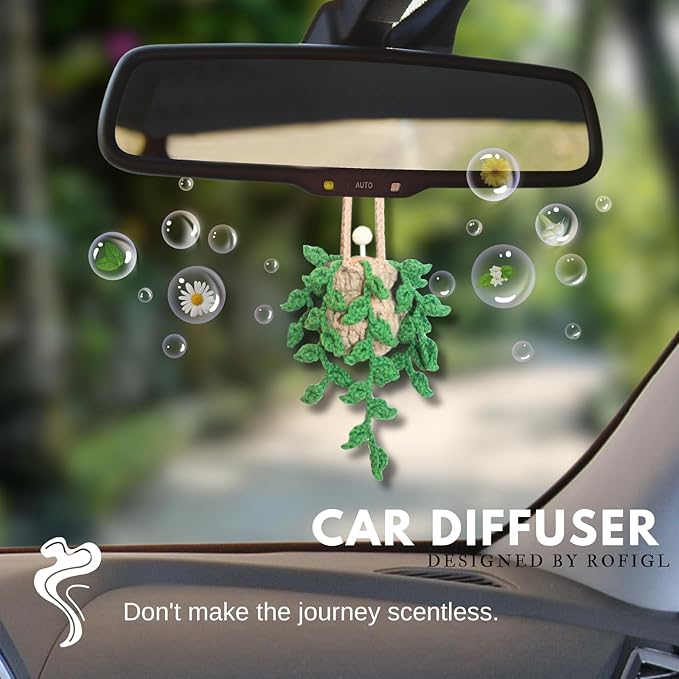 Handmade Crochet Hanging Car Air Freshener,12ml Empty Refillable Oil Diffuser Bottle with Crochet Hanging succulents Plant for Car Rearview Mirror for Home, and Office Hanging Diffuser Decor - Bloomnest