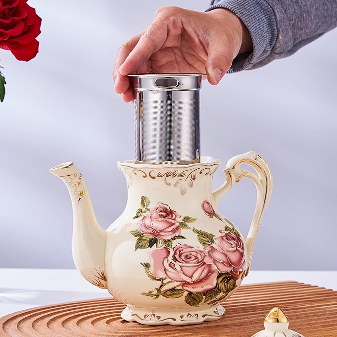 YOLIFE Iovry Rose Teapot, 35oz/ 4 Cup Ceramic Tea Pot with Infuser for Loose Leaf Tea, Vintage Floral Teapot and Gold Trim - Bloomnest