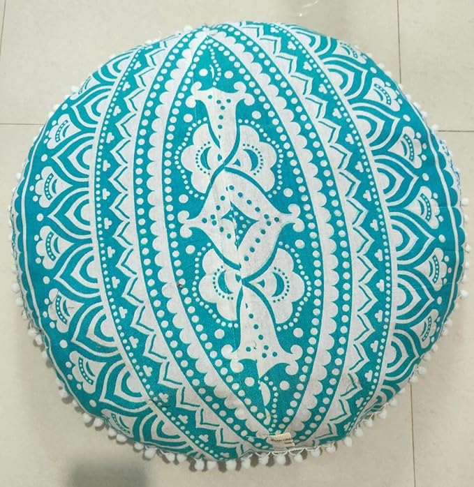 INDIAN CRAFT CASTLE 24" Green Ombre Mandala Barmeri Large Floor Pillow Cover Cushion Meditation Seating Ottoman Throw Cover Hippie Decorative Zipped Bohemian Pouf Ottoman Pom Pom Cases 24" Round - Bloomnest