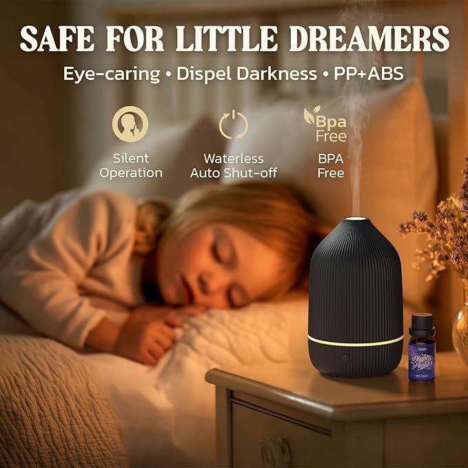 Essential Oil Diffuser, 100ml Aromatherapy Diffuser, Mini Ultrasonic Diffuser for Essential Oil, Home, Office, Cool Mist Humidifier with 7 Led Light, Auto Shut-Off, Black - Bloomnest
