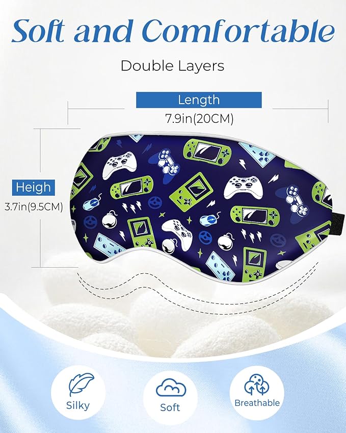 Sleep Mask for Kids - Cute Kawaii Cartoon Silk Sleeping Mask with Adjustable Strap Soft Smooth Light Eye Mask for Sleeping Silk Kids Eye Cover for Boys Girls Teens, BU Green Game - Bloomnest