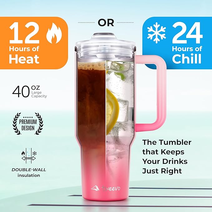 40 oz Tumbler With Handle and Straw Made of Stainless Steel - Double Wall Vacuum Insulated Tumbler With Lid - Sweat Proof Easy Grip, BPA-Free, Dishwasher Safe Tumbler (Misty Pink) - Bloomnest