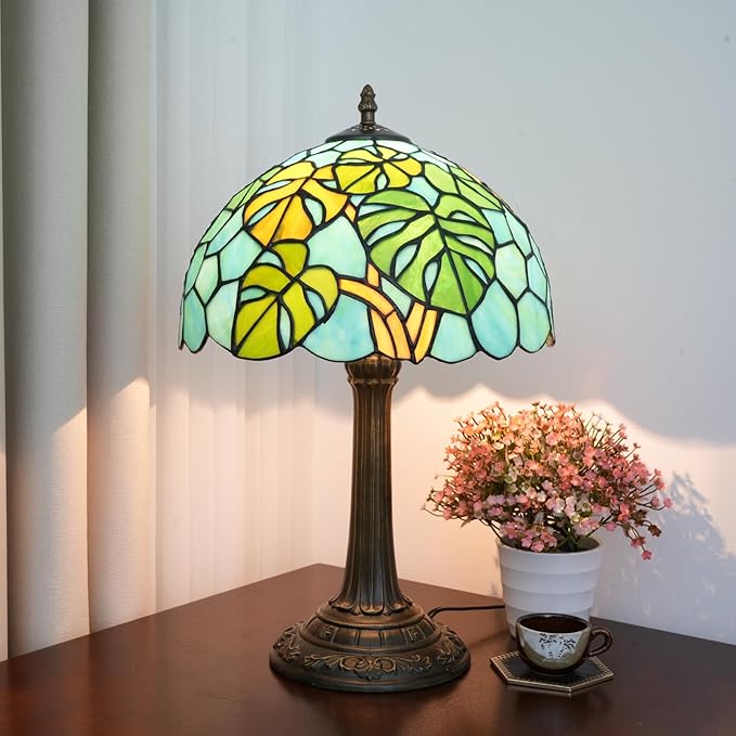 Tiffany Lamp Monstera Deliciosa Style Stained Glass Table Lamp Vintage Monstera Swiss Cheese Plant Bedroom Bedside Light for Home Dorm Office Art Craft Antique Decor 12x12x19 Inches - Bloomnest