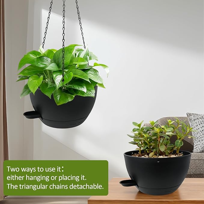 WOUSIWER Self Watering Hanging Planters, 2 Pack 10'' Plastic Pots with Drainage Holes & Reservoir Tray (Black) | Indoor & Outdoor Use for Ferns, Ivy, Herbs, Succulents - Bloomnest