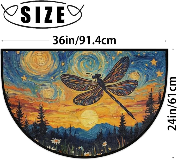 Half Round Door Mat, Starry Night Dragonfly Half Circle Rug for Home Decor Floor Indoor Outdoor Non-Slip Washable Floral Half Moon Rug Doormat 36X24 Inch - Bloomnest