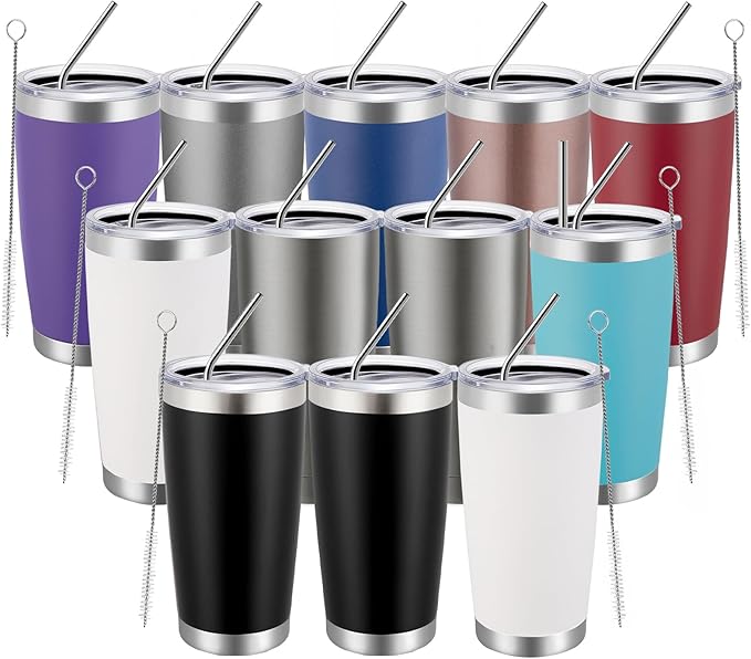 MEWAY 20oz Tumbler 12 Pack Double Wall Vacuum Insulated Travel Mug Bulk, Mix Color Stainless Steel Tumblers with Lid and Straw, Durable Powder Coated Coffee Cups for Cold & Hot Drinks（Color Mix, 12 - Bloomnest