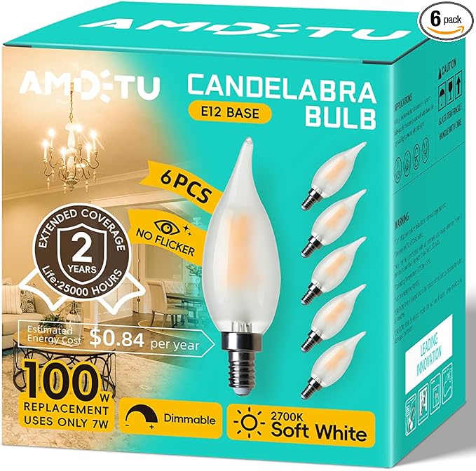 E12 100W Equivalent Frosted LED Candelabra Bulb CA10, Dimmable Small Base for Chandeliers, Ideal for Living Rooms, Dining Areas, and Hallways, Energy-Efficient for Cozy Indoor Lighting - Bloomnest