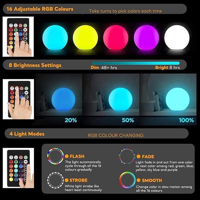 16 Inch Ultra-Fun LED Ball Light, Rechargeable Globe Floor Lamp w/Remote, 16 RGB Color Changing LED Glowing Orb Light, Waterproof Outdoor Ambiance Lighting, Pool Party Garden Patio Decor - Bloomnest