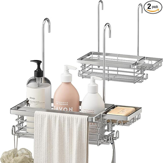 Hanging Shower Caddy, 304 Stainless Steel Shower Organizer with Towel Bar & Hooks, Over Shower Rod, Towel Bar or Glass Panel Storage Basket with Soap Holder, Rustproof Bathroom Caddy, 2 Pack - Bloomnest
