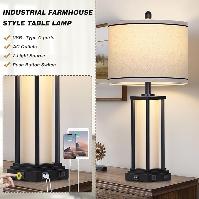 27in Tall Farmhouse Table Lamp with USB C+A & Outlet,Black Industrial End Table Lamp for Living Room,Vintage Rustic Bedside Lamp with Night Light for Bedroom Nightstand,Single Black - Bloomnest