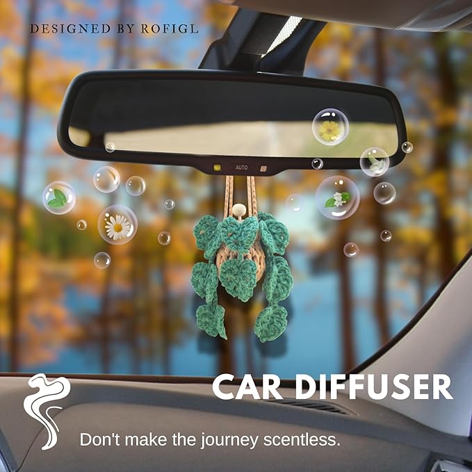 Cute Crochet Car Plant Monstera Essential Oil Diffuser Bottle - 12ml Refillable, Green Car Accessory for Mirror Decor and Home Decor - Bloomnest