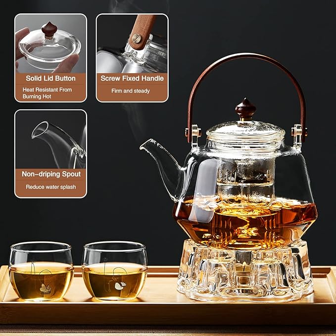 40oz Glass Teapot with Anti-Drip Spout, Peach Wood Handle and Lid, Heat-Resistant Borosilicate Glass, Dual Infusers for Steaming and Boiling - Bloomnest