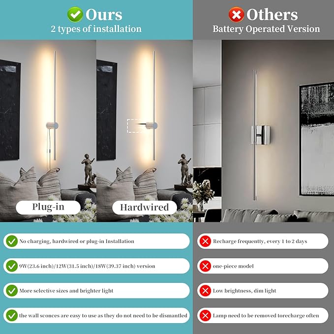 Dimmable Plug in Wall Sconce Set of 2, Chrome 39.37" LED Wall Light with Remote, Adjustable Color Temperature Brightness Wall lamp with Timer for Living Room,Bedroom and Accent Lighting - Bloomnest