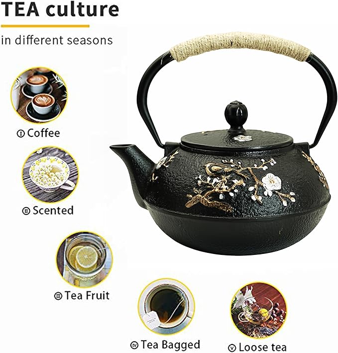 YJX 27oz Small Cast Iron Teapot for Stovetop, Japanese Tetsubin with Enamel, Beautiful Decorative Tea Pot, Durable Tea Kettle with Stainless Steel Infuser for Loose Tea(800ML) - Bloomnest