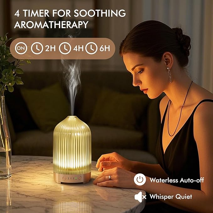 Glass Essential Oil Diffuser 200ml-Ultrasonic Aroma Diffuser with Glass Dome, Aromatherapy Diffuser with 4 Timers 7 Color LED Lights Auto Shut-Off Protection for Home Office Yoga Gift for Women EQUSUPRO