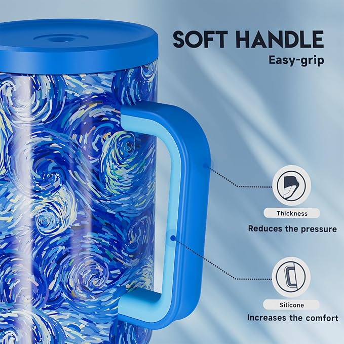 Meoky Tumbler with Handle and Straw for Women: 40 oz Stainless Steel Insulated Tumbler with Lid and Straw 100% Leakproof for Car Cup Holders - Travelers Commuters Workers, Van Gogh - Bloomnest